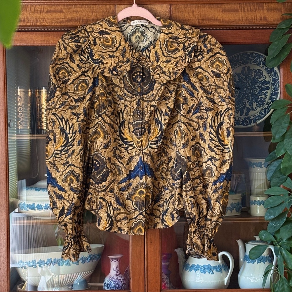 Ulla Johnson Gold and Navy Floral Jacquard Button Up Blouse (Sz 2)
